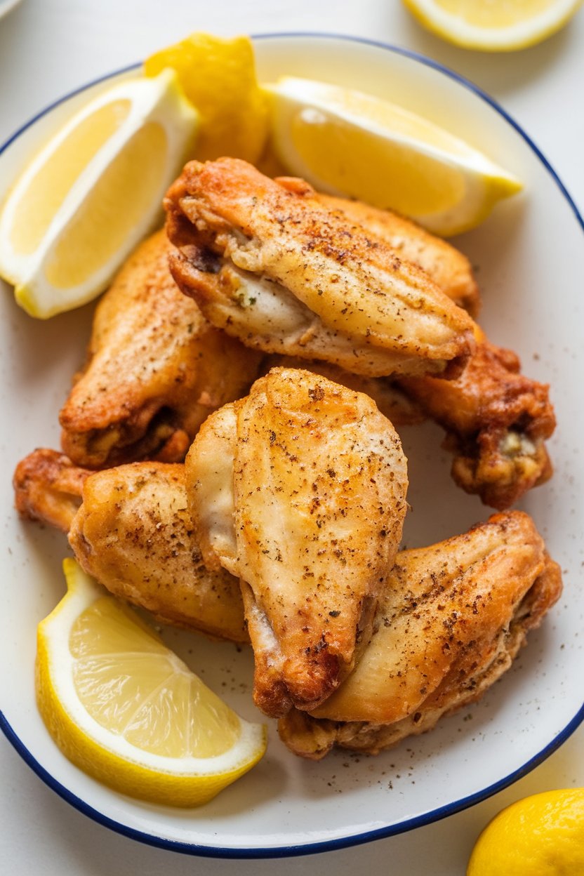 Indoor photo of crispy lemon pepper wings on a white platter with lemon wedges; no text or logos