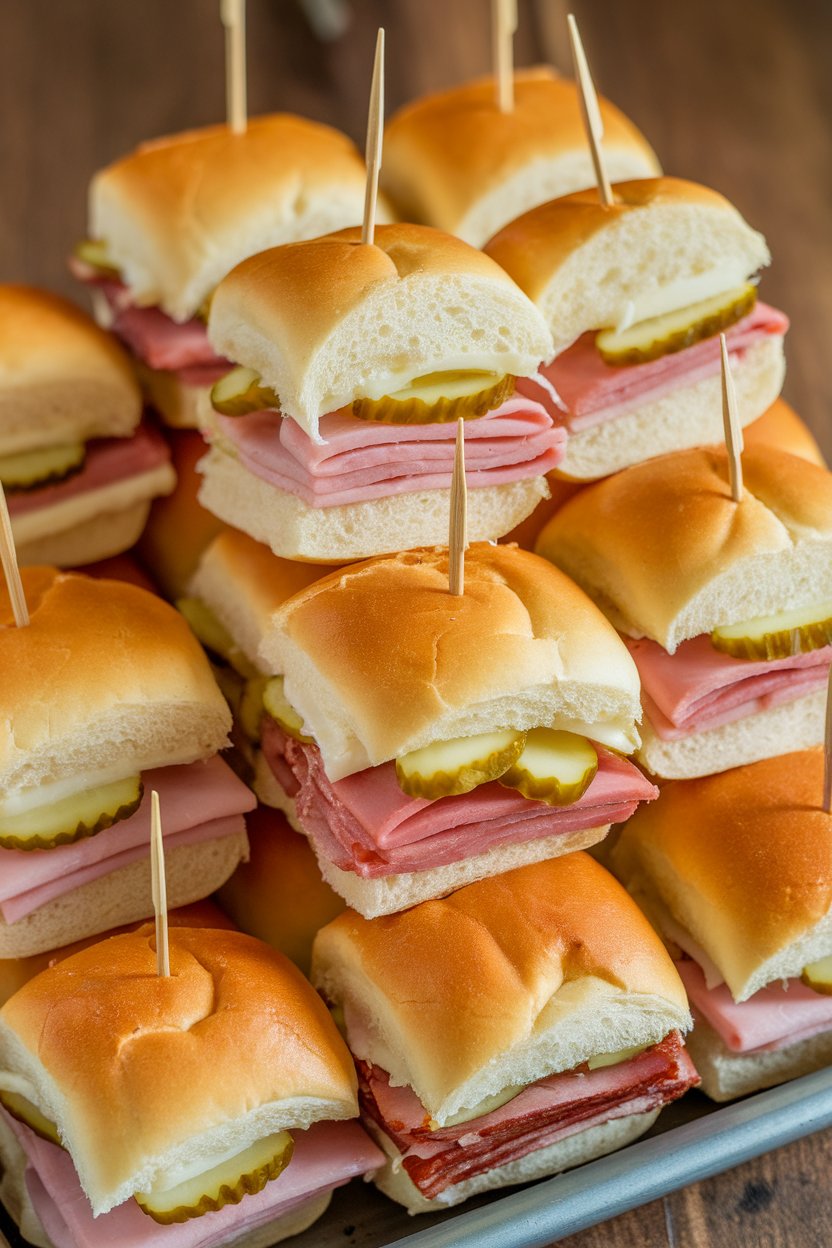 An indoor tray of mini Hawaiian rolls layered with ham, roast pork, Swiss cheese, and pickle slices, brushed with butter—no text or logos. Photo, not illustration.