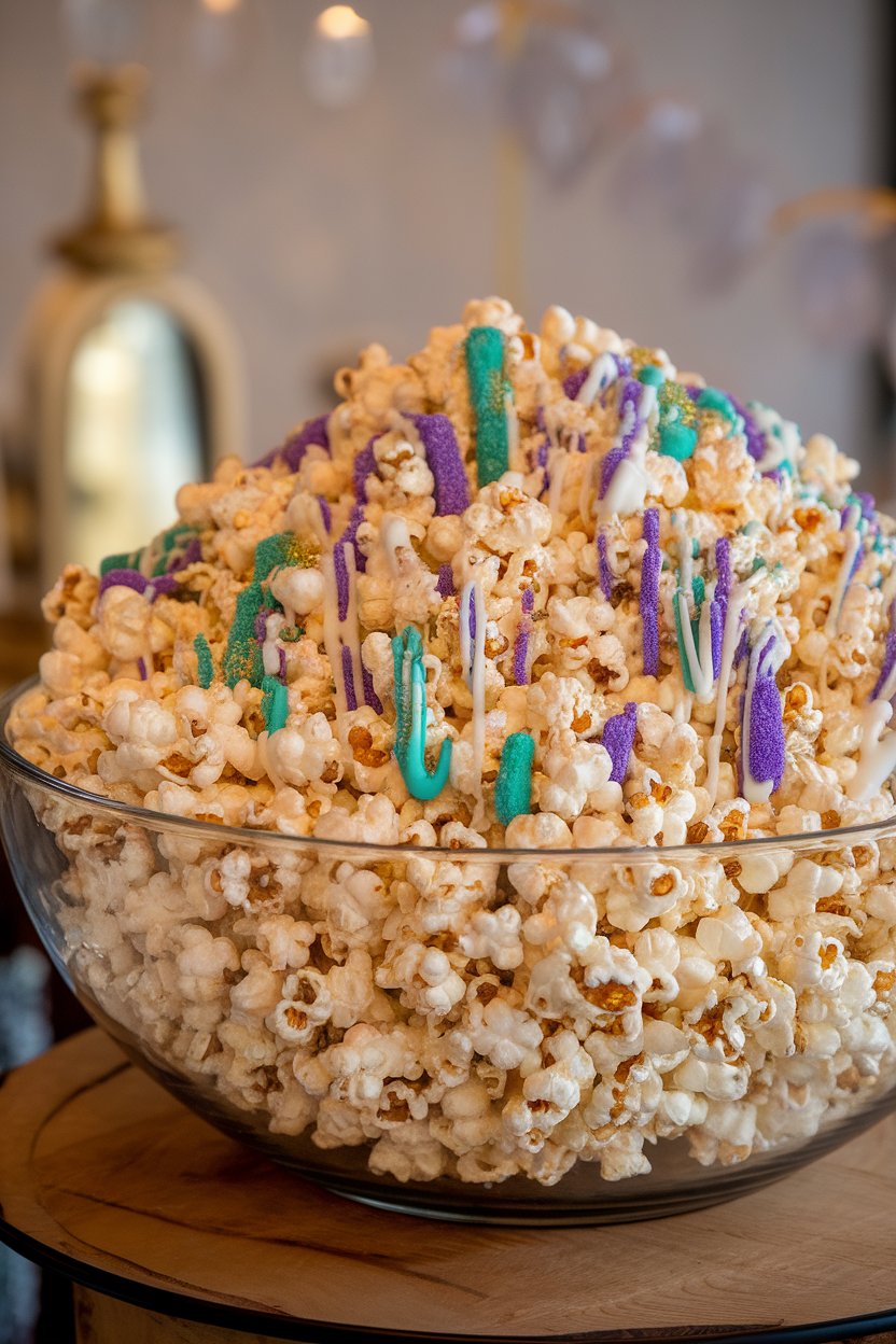 Indoor photo of a large bowl of popped corn drizzled with white chocolate and sprinkled with purple, green, and gold sugars; no text or logos