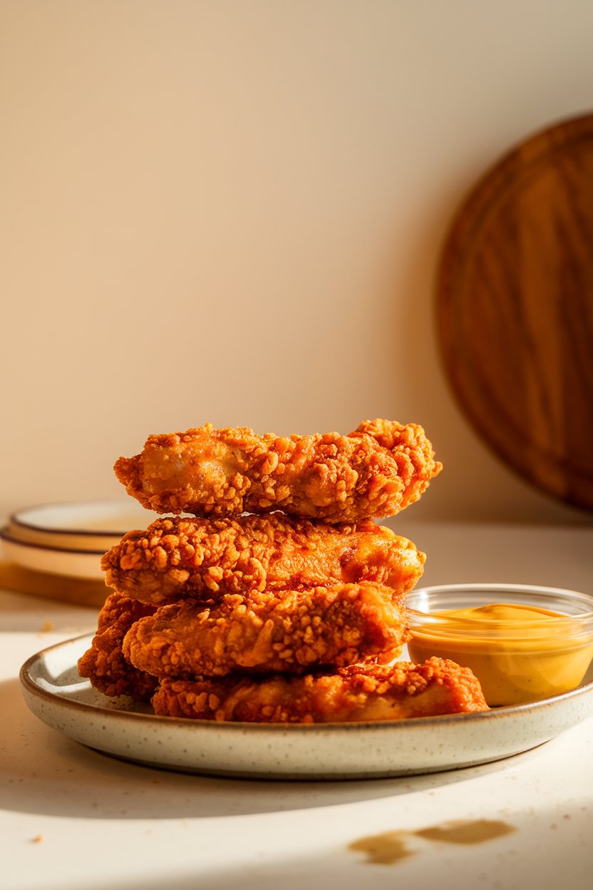 Photo of crunchy air-fried chicken tenders stacked on a plate indoors, honey mustard dip on side, no text or logos