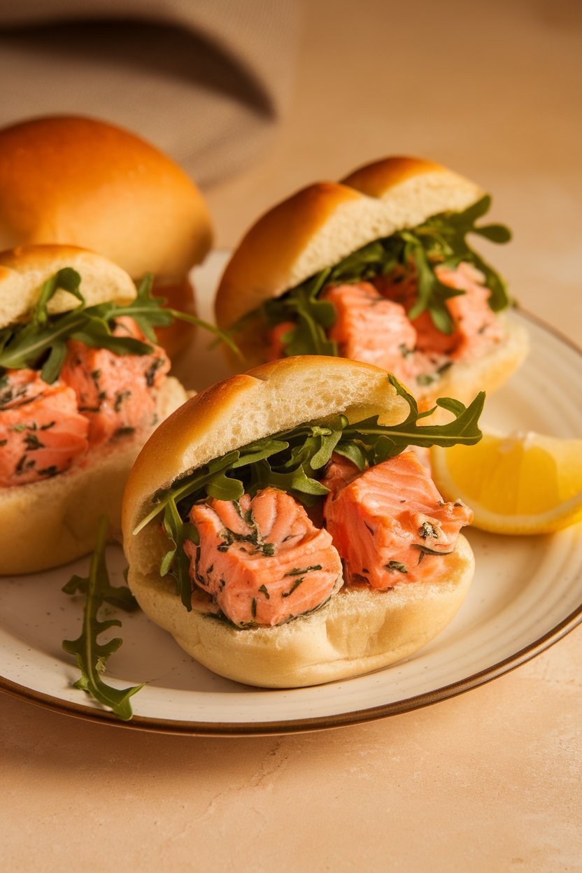 Indoor photo of mini buns stuffed with cooked salmon pieces tossed in herb butter, arugula peeking out; no text or logos.