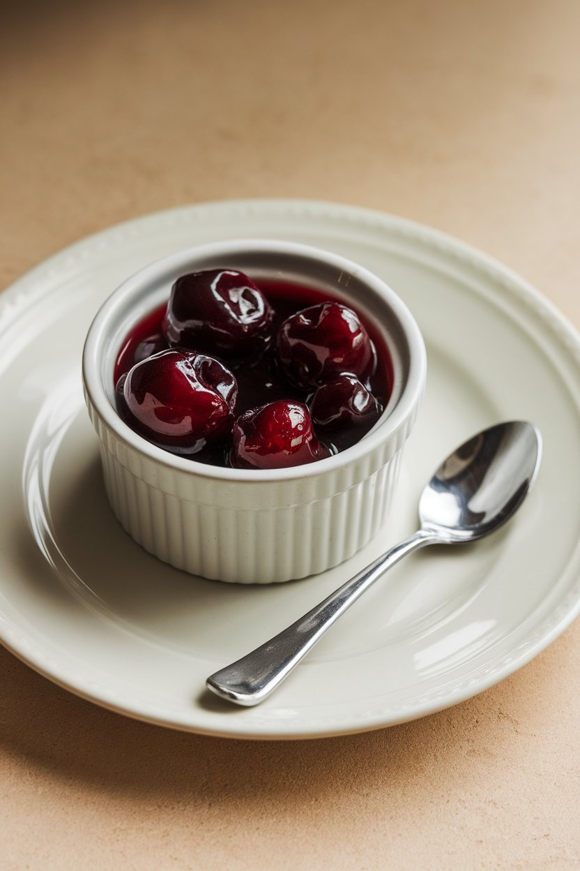 A small indoor ramekin containing glossy dark cherry compote beside a tiny spoon. Photo, no text or logos.