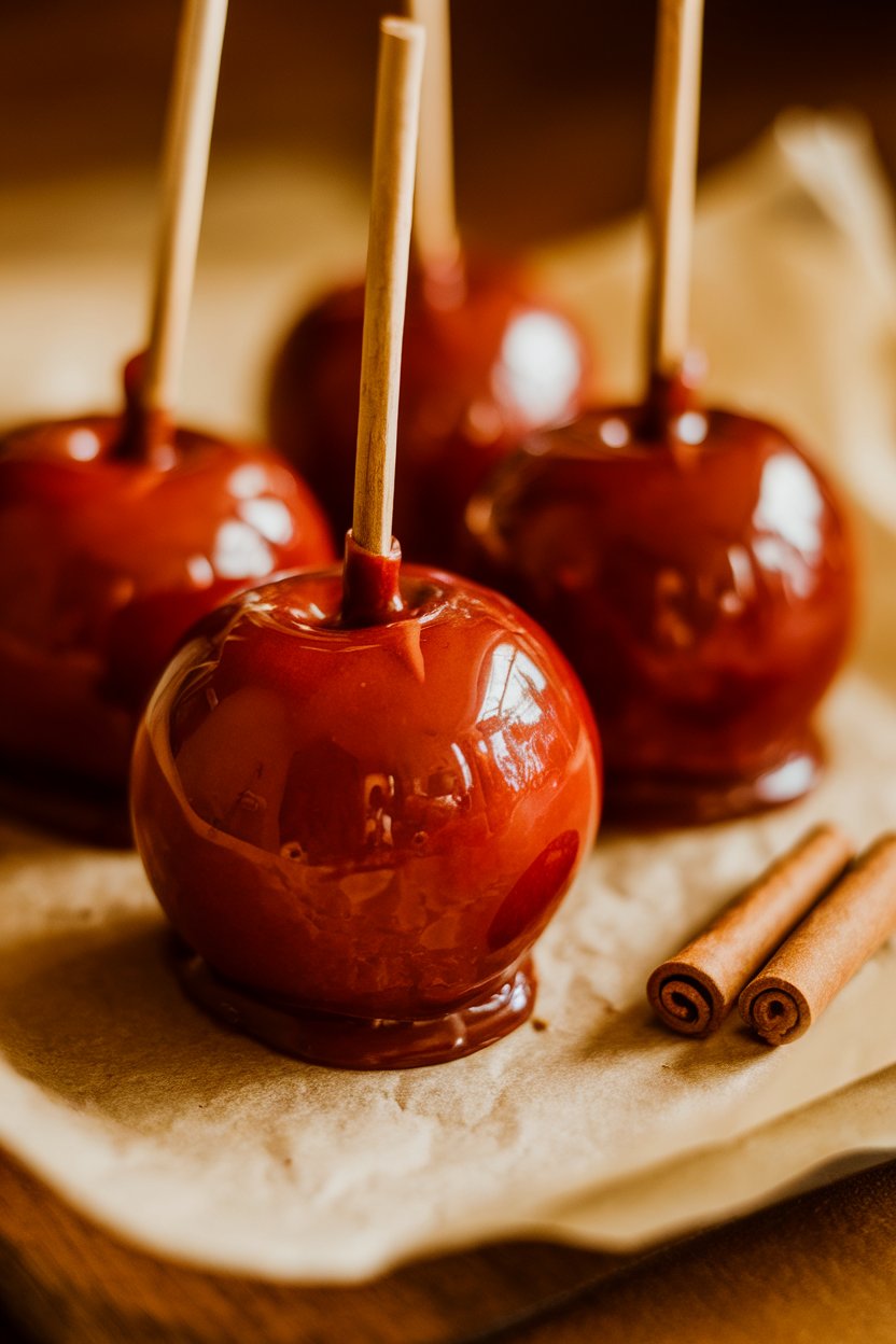 Glossy red candied apples on wooden sticks, photographed indoors on parchment with a few cinnamon candies scattered nearby. No text or logos.