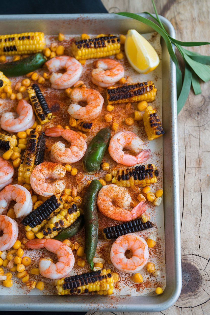 Indoor photo of a sheet pan holding cooked shrimp, charred corn kernels, and poblano strips, all dusted with chili powder. No text or logos.