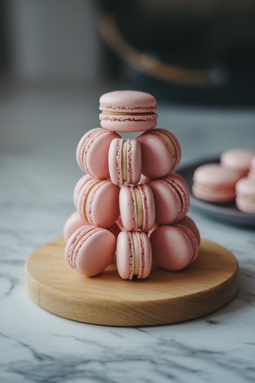Indoor image of pale pink rose-flavored macarons stacked in a small tower, blurred board in background. Photo, no text or logos.