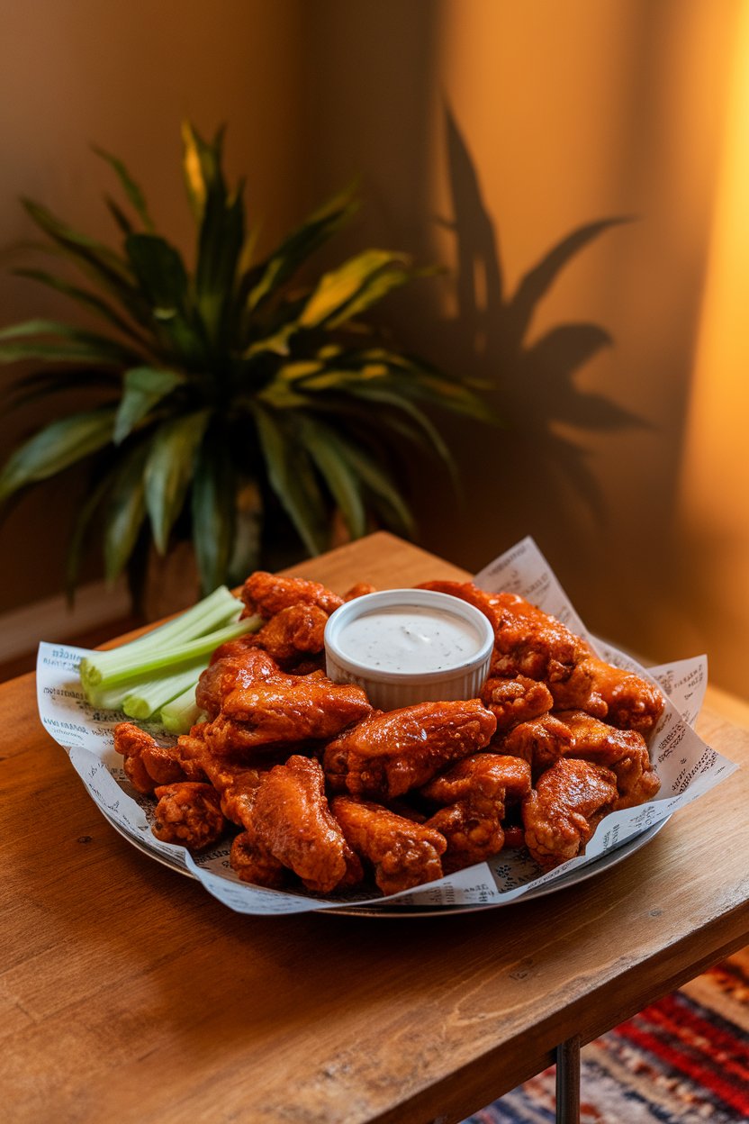 Indoor photo of a platter piled high with crispy, sauce-glossed buffalo wings, celery sticks, and a ramekin of ranch dressing on a wooden table under warm lighting. No text or logos anywhere in the scene.