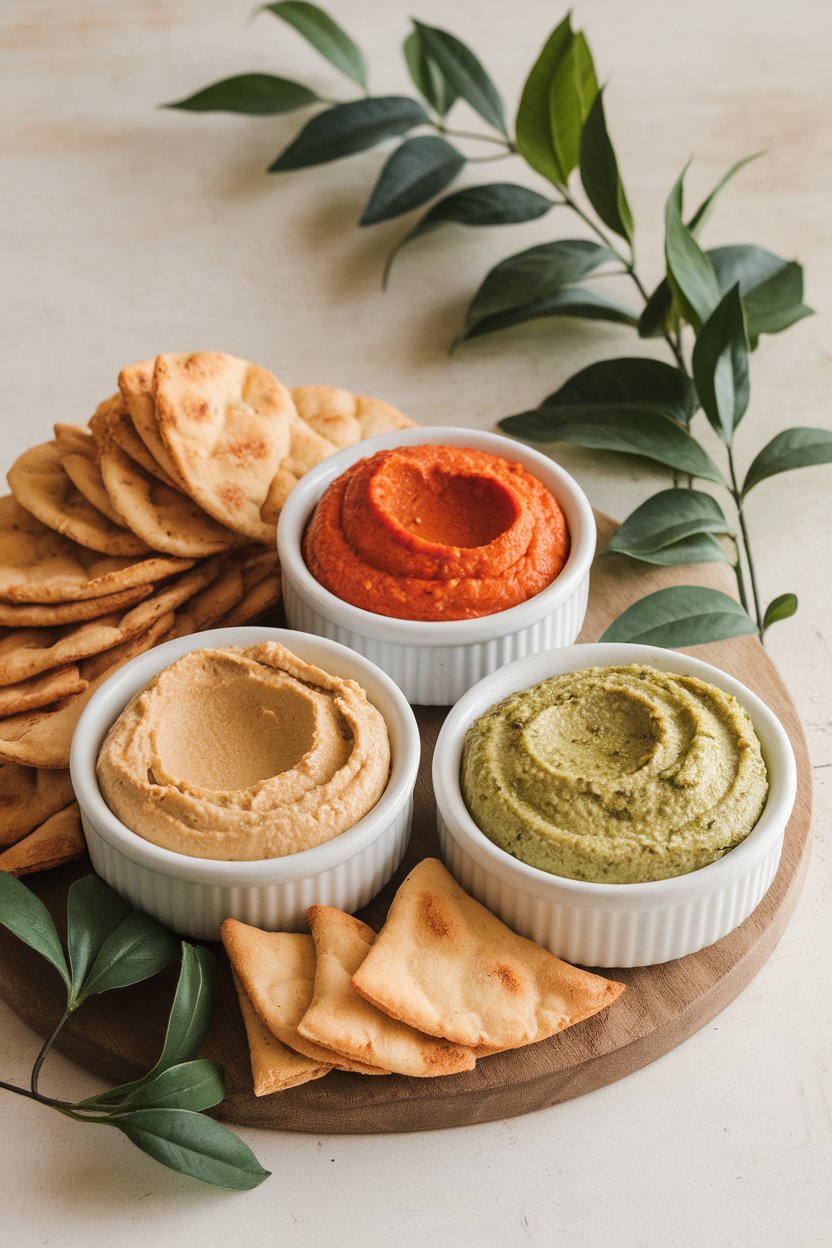 Indoor appetizer board displaying three small bowls of classic, roasted red pepper, and basil pesto hummus, baked pita chips alongside. No text or logos.