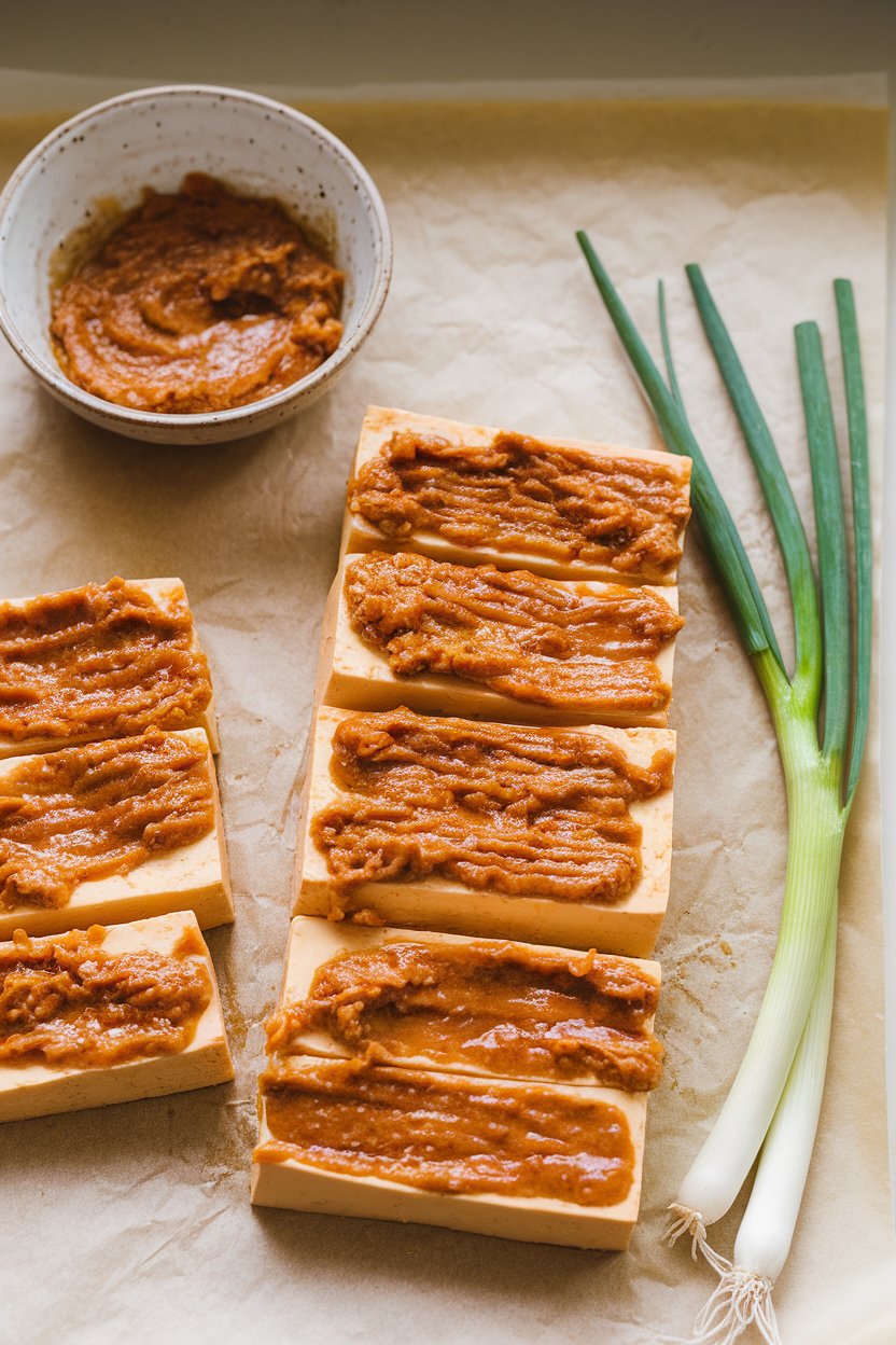 Photo prompt: Kitchen counter view of tofu rectangles brushed with a miso-ginger paste, resting on parchment. Soft indoor light, no text or logos.
