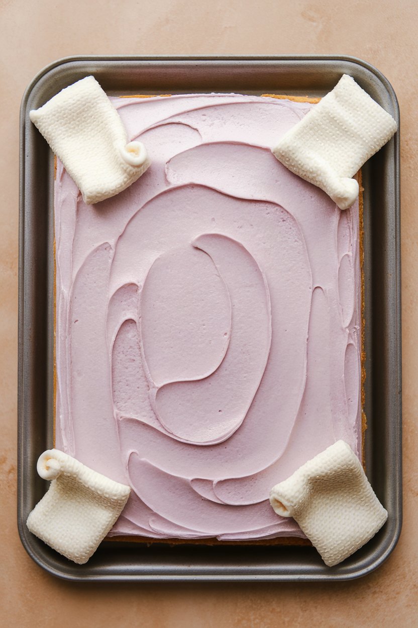 An indoor bakery tray with a pastel-lavender frosted sheet cake, tiny white fondant towels draped at corners—no text or logos.