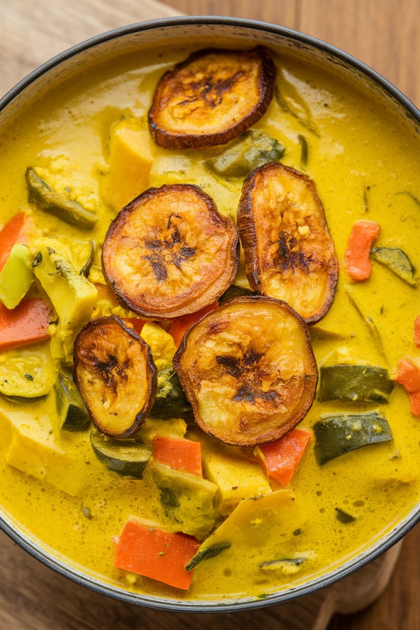 An indoor bowl of bright yellow coconut curry filled with vegetables, garnished with pan-fried plantain slices. No text or logos. Photo.