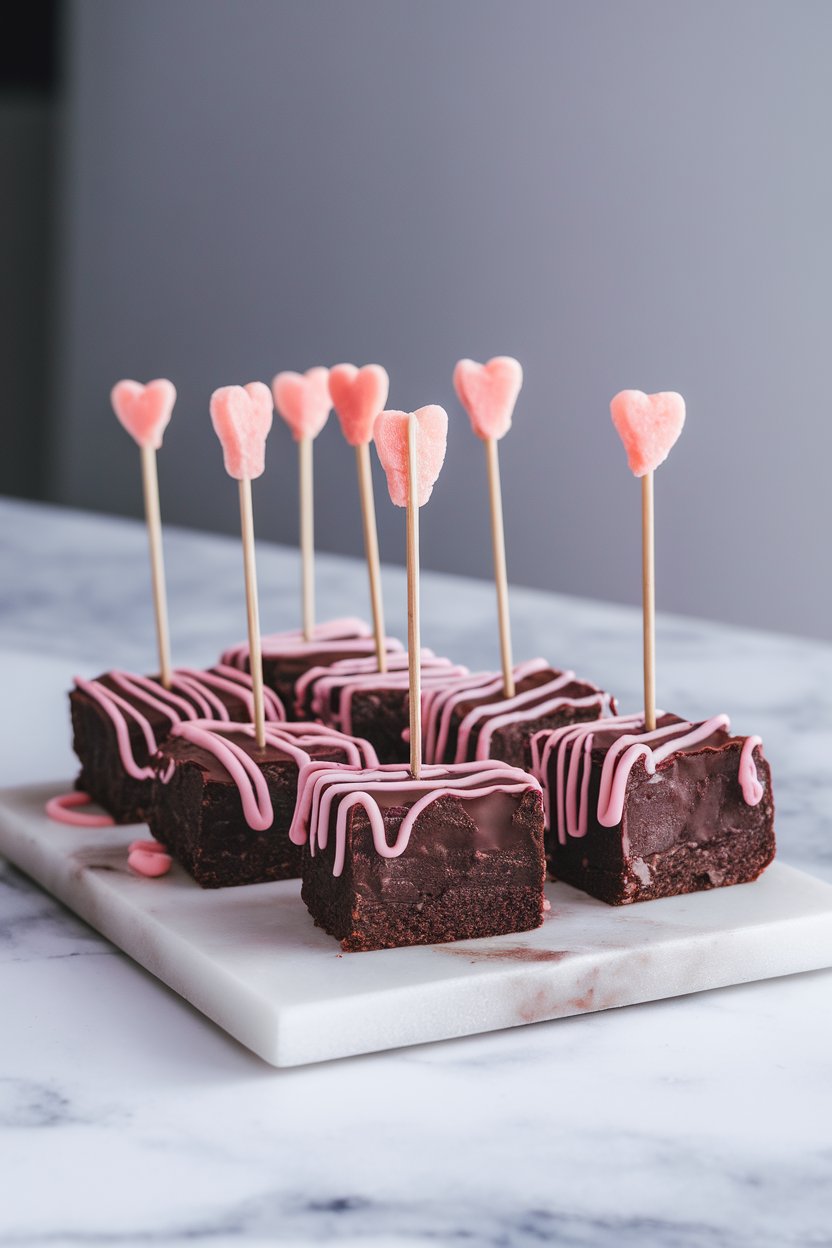 Fudgy brownie squares on lollipop sticks, each drizzled with pink chocolate and skewered with a small candy heart “arrowhead,” photographed on an indoor marble slab. No text or logos.