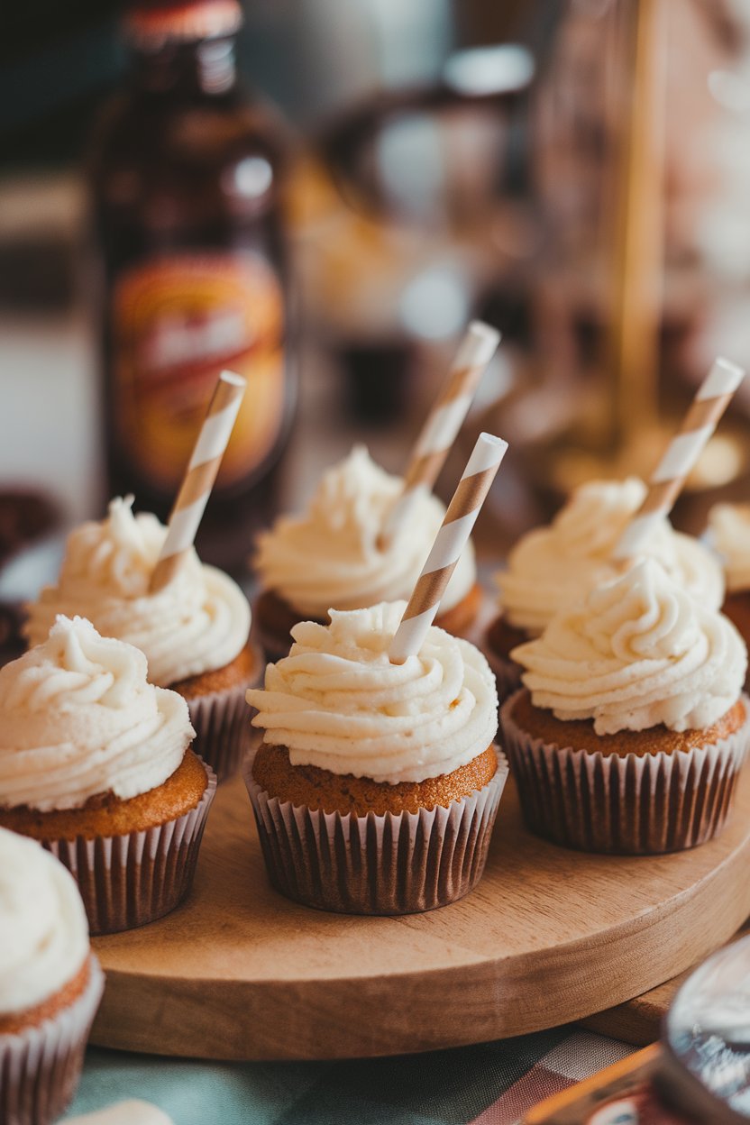 Indoor photo of cupcakes with foamy vanilla frosting and paper straw garnish, root-beer bottle blurred behind, no text or logos