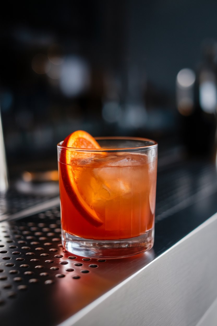 Photo of a rocks glass indoors showing deep orange cocktail, half blood-orange wheel inside, sleek modern bar, no text or logos