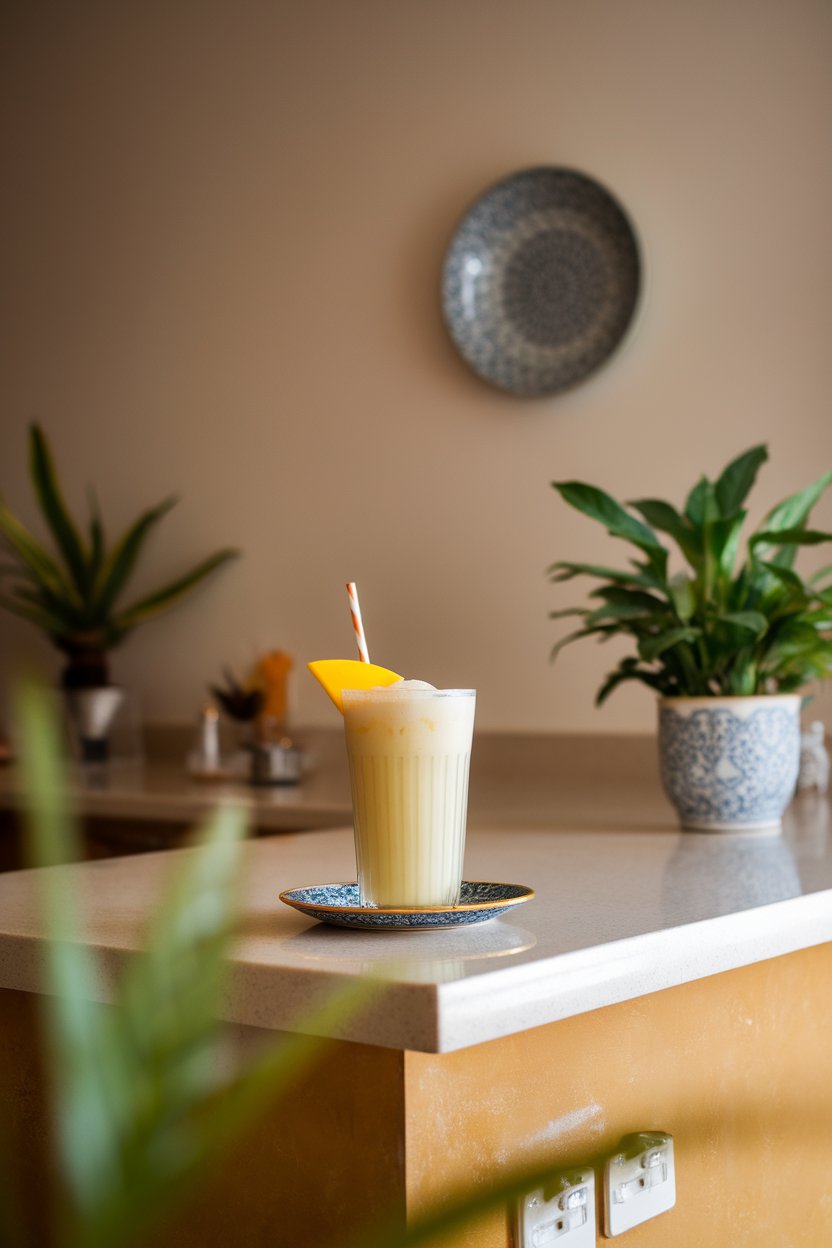An indoor island countertop with a frosty glass of pale yellow shake, garnished with a small wedge of mango, straw included. No text or logos visible. Photo, not illustration.