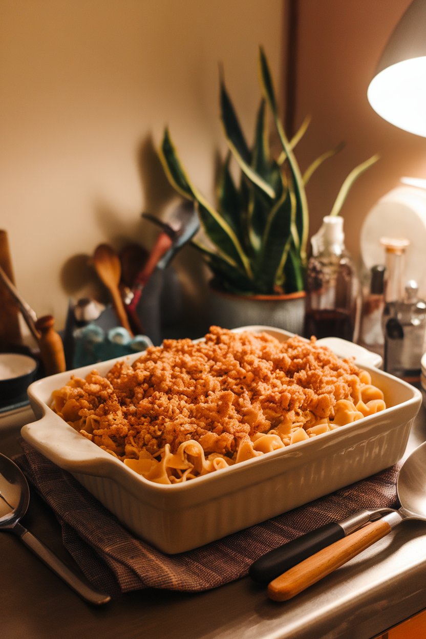 Indoor counter with a casserole dish of tuna noodles topped with crunchy breadcrumbs. No text or logos.