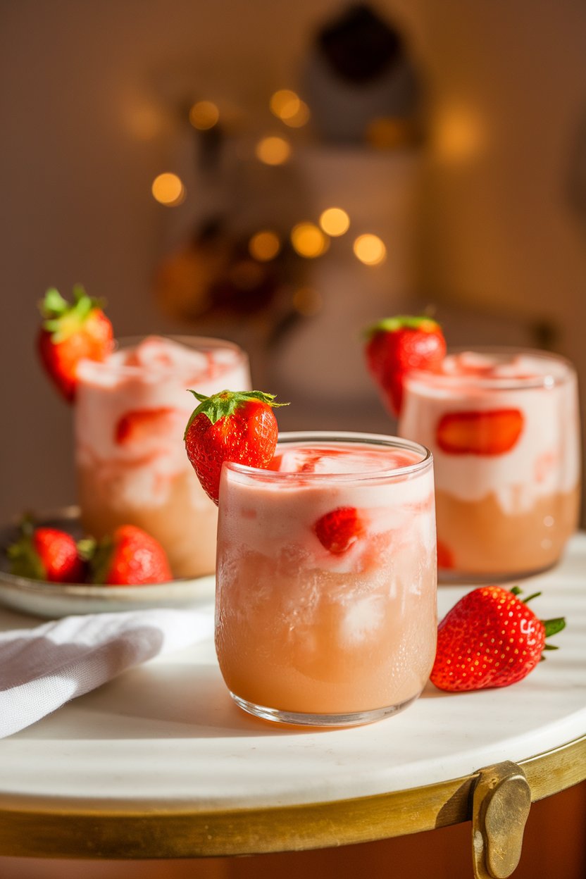 A warmly lit indoor side table with rocks glasses of creamy blush cocktail swirling over ice, crowned with a strawberry half; photo, not illustration; no text or logos.