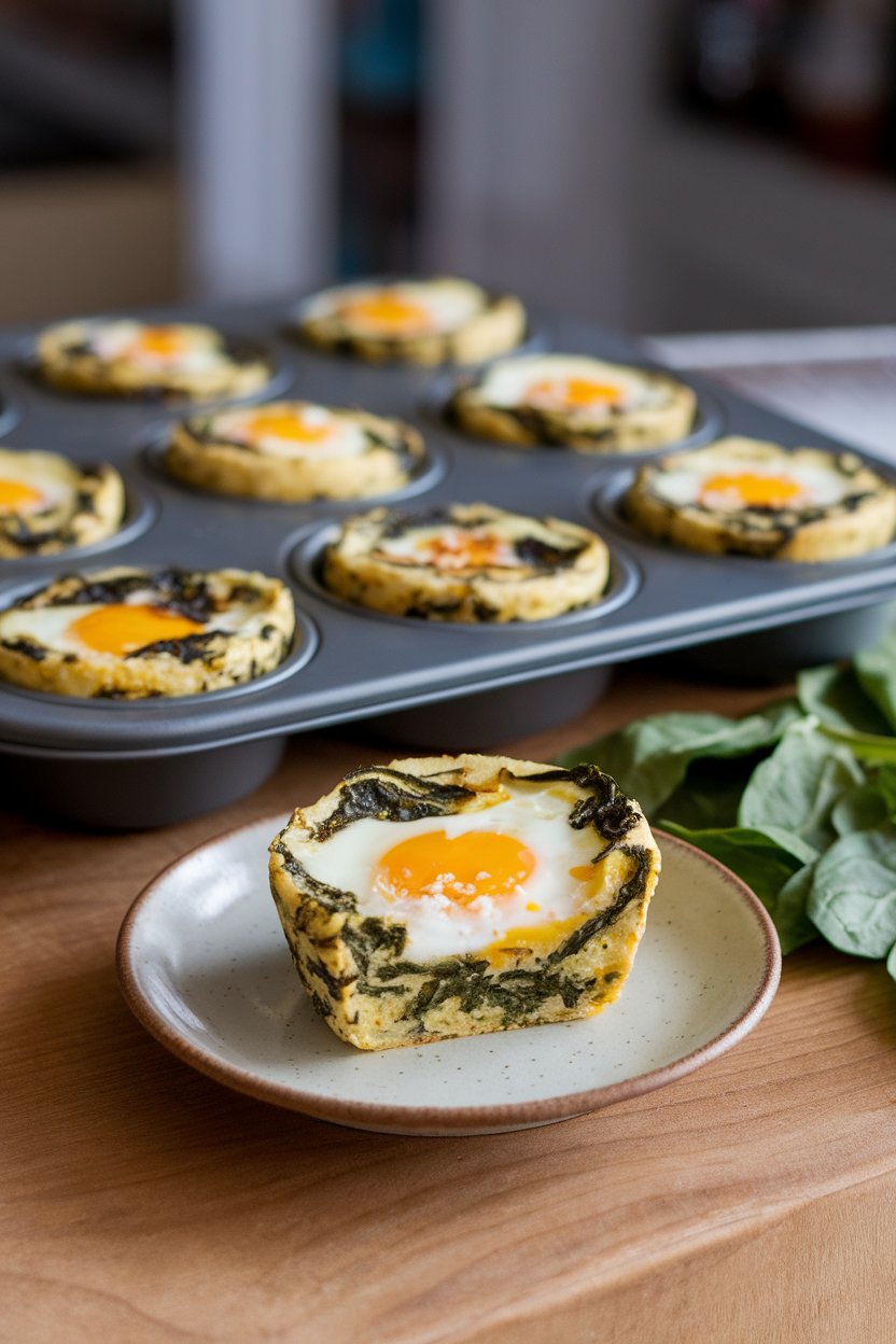 An indoor muffin tin with several baked egg white and spinach cups, one pulled out and placed on a small plate; no brand names.