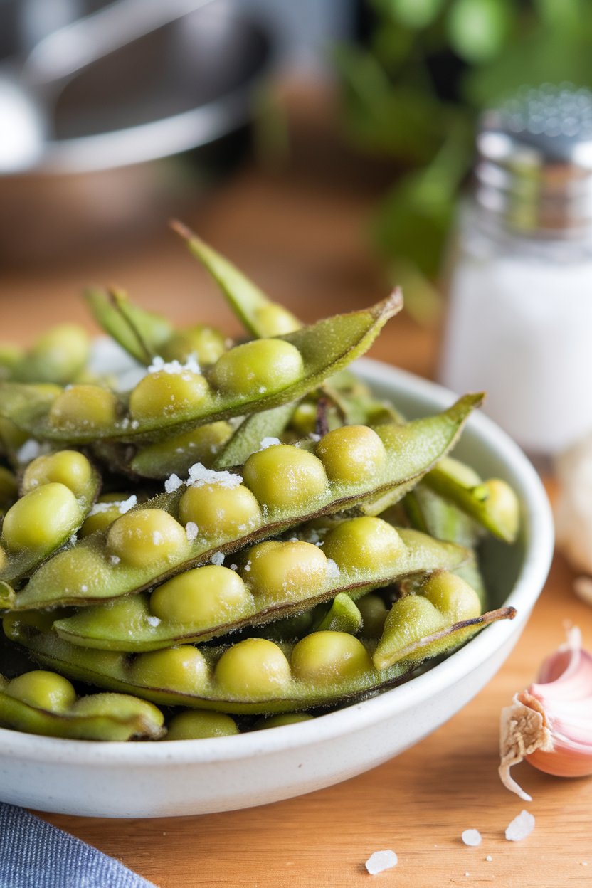 Indoor photo of a bowl of steamed edamame pods tossed with garlic and sea salt, shot close-up. No text or logos in scene.