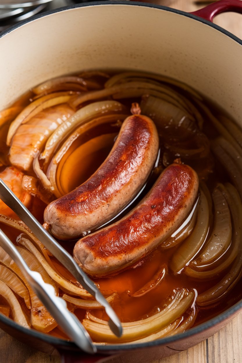 Indoor Dutch oven filled with cooked bratwursts nestled in onions and amber beer broth, tongs resting on the rim. No text or logos.