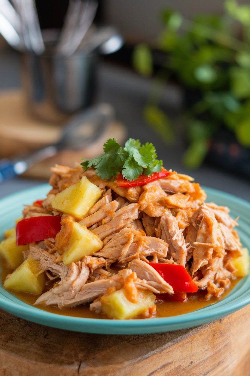 Indoor plate of shredded chicken mixed with chunks of pineapple and red bell pepper, cilantro garnish; no text or logos; photo only.