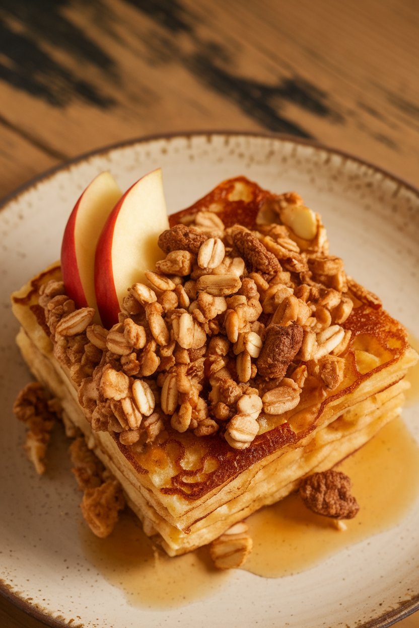 A square of apple-cinnamon pancake topped with oat crumble, apple pieces visible, indoor autumn-style lighting, no text or logos.