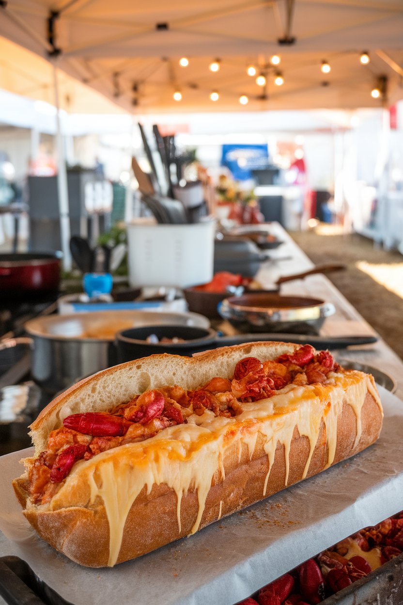 An indoor festival kitchen showing a loaf of French bread split open and stuffed with cheesy, cooked crawfish filling; melted cheese stretches slightly. No text or logos. Photo.