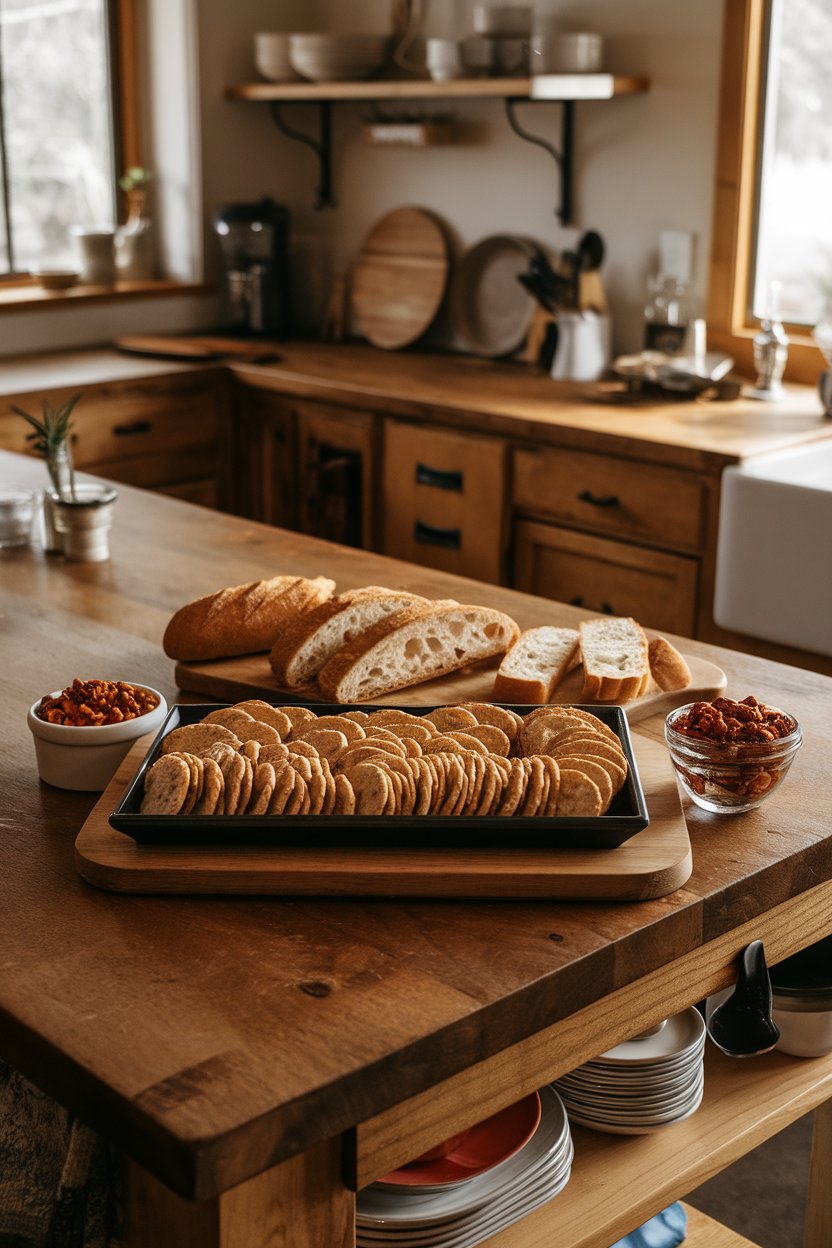 A rustic indoor kitchen island featuring a tray of seasoned crackers, toasted baguette slices, and small bowls of Cajun spiced nuts, all under warm light. No branding or logos present.