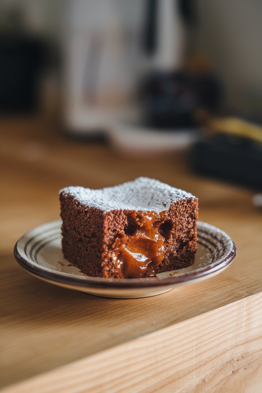 Indoor photo of a square of gooey butter cake on a small plate, lightly dusted with powdered sugar. No text or logos.