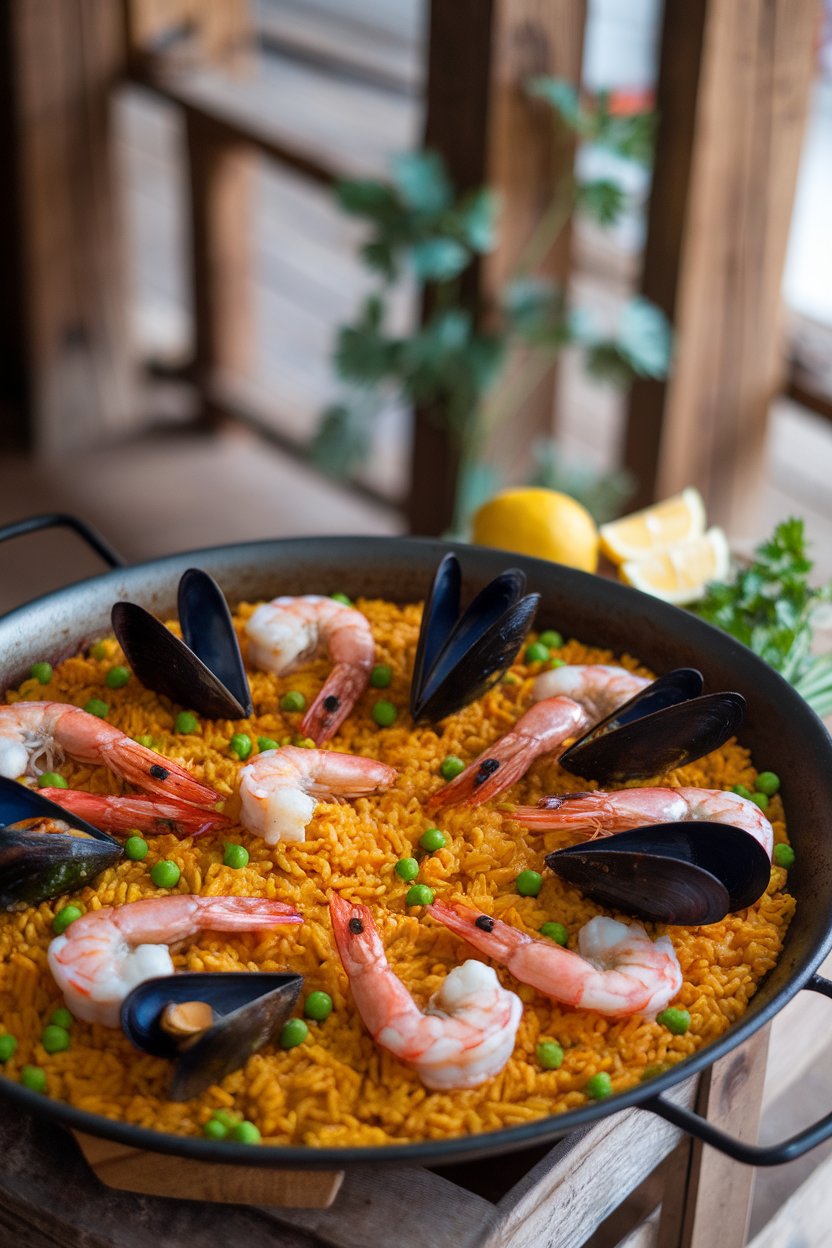 Indoor photo of a shallow paella pan holding saffron rice dotted with cooked shrimp, mussels, and peas, no text or logos
