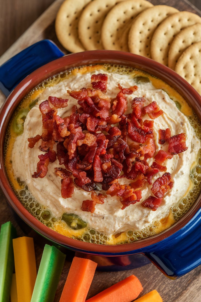 Indoor photo of a bubbling ceramic dish of creamy jalapeño popper dip topped with crisp bacon bits, with crackers and veggie sticks alongside; no text or logos