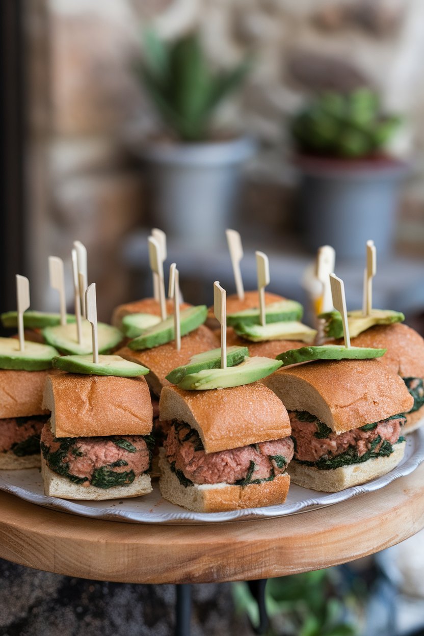 Indoor photo showing a platter of mini whole-grain slider buns filled with turkey patties flecked with spinach, topped with avocado slices, held together by wooden picks. No text or logos visible.