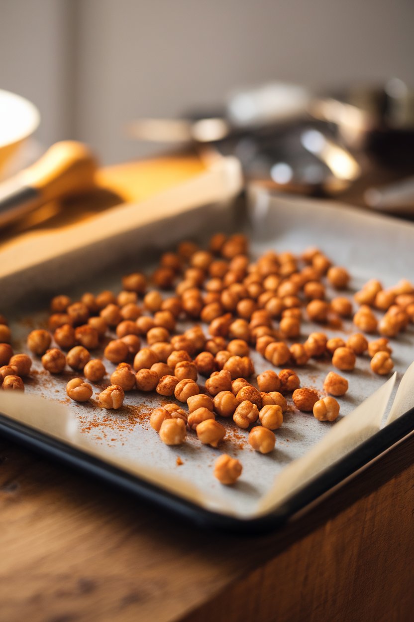 Indoor photo of a parchment-lined baking tray scattered with crunchy roasted chickpeas dusted in paprika. Warm, even lighting, no text or logos.