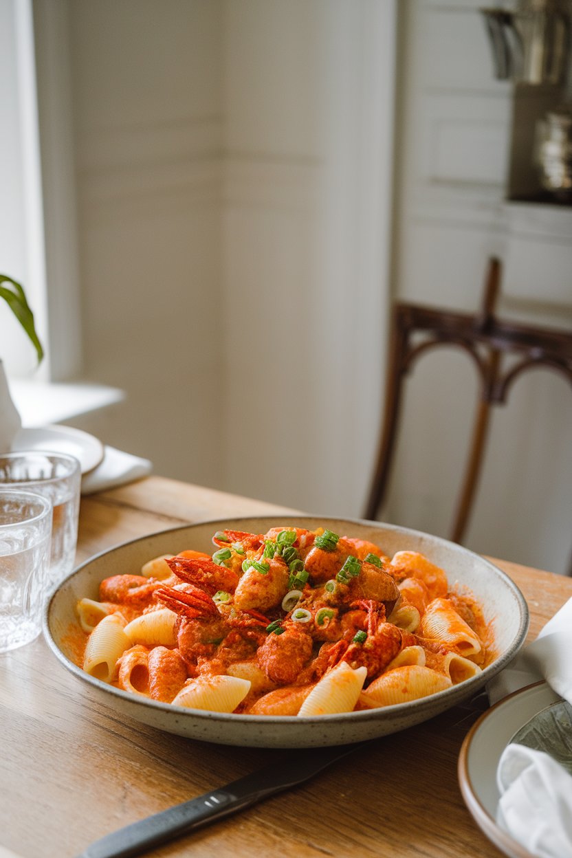 Indoor dining scene with a shallow bowl of creamy pasta shells tossed in spicy crawfish sauce, garnished with green onions. Photo, no text or logos.