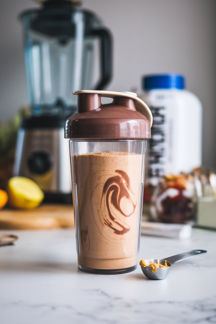A clear shaker bottle on an indoor countertop filled with a creamy chocolate protein shake, peanut butter swirl visible; no brand names or logos on the bottle.