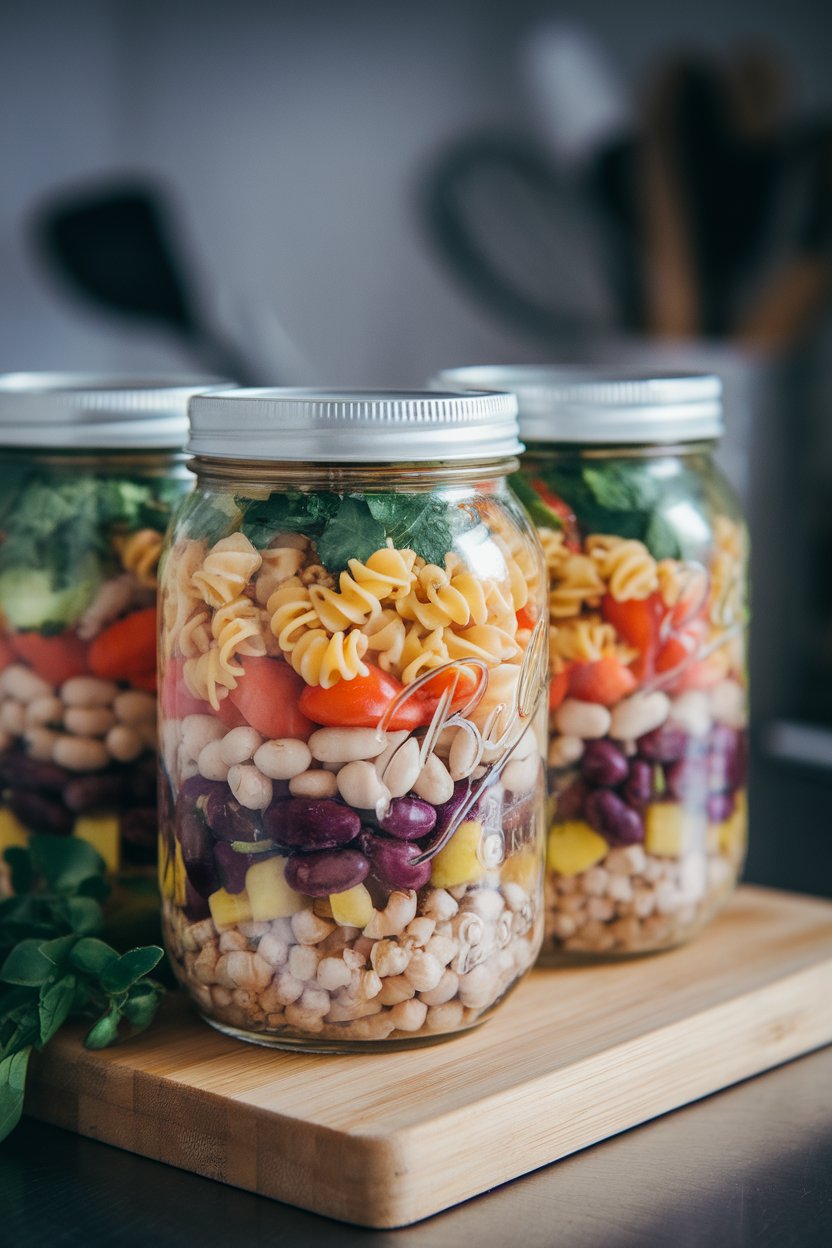 Indoor photo of layered mason jars filled with uncooked pasta, beans, diced vegetables, and herbs ready for hot water. No text or logos.
