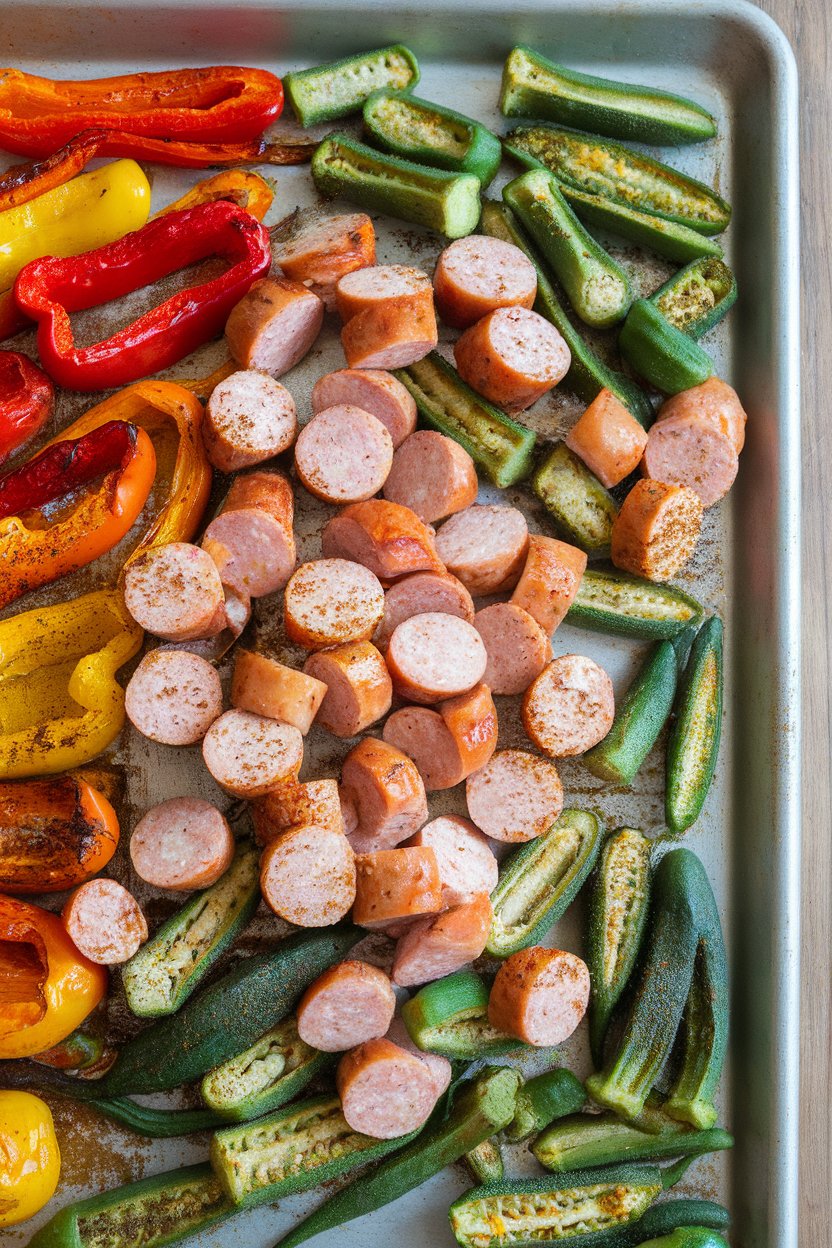 Indoor photo of a sheet pan filled with sliced chicken sausage, roasted okra pieces, and vibrant bell peppers dusted with Cajun seasoning. No text or logos.
