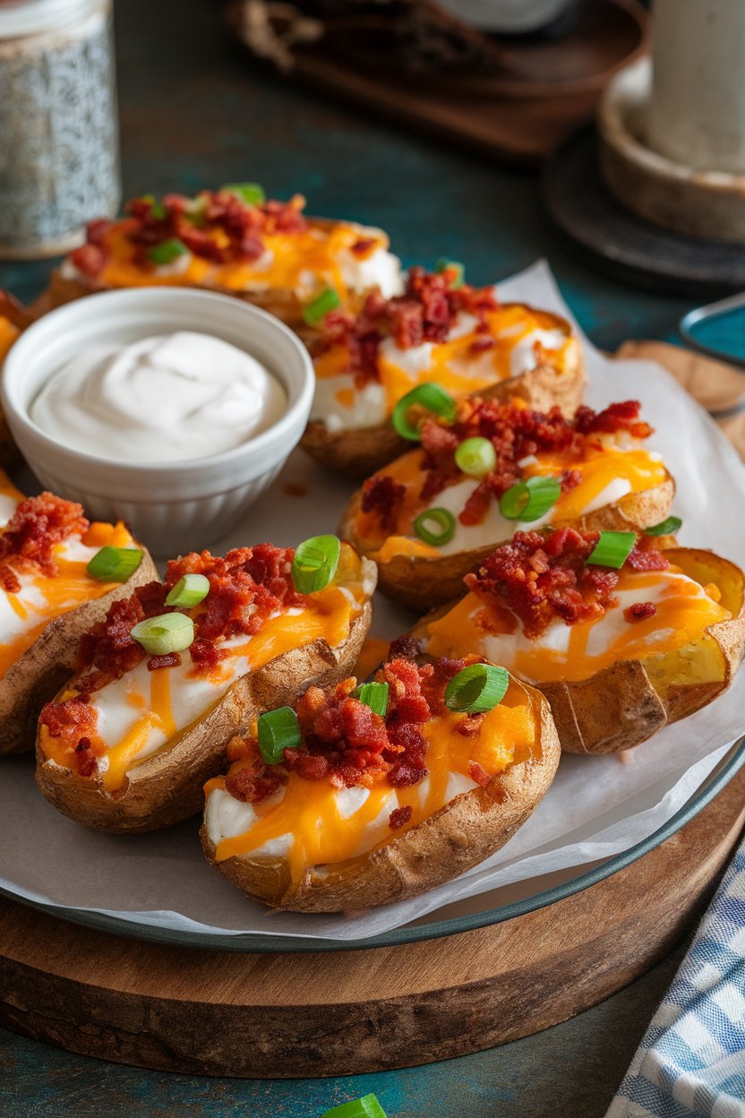 An indoor platter displaying crispy potato skins filled with melted cheddar, bacon crumbles, and green onions, sour cream dollops on the side. No text or logos.