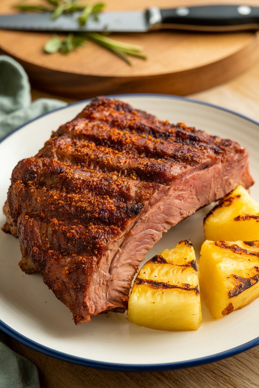 Indoor photo featuring jerk-spiced short ribs with charred pineapple chunks on the side; no text or logos