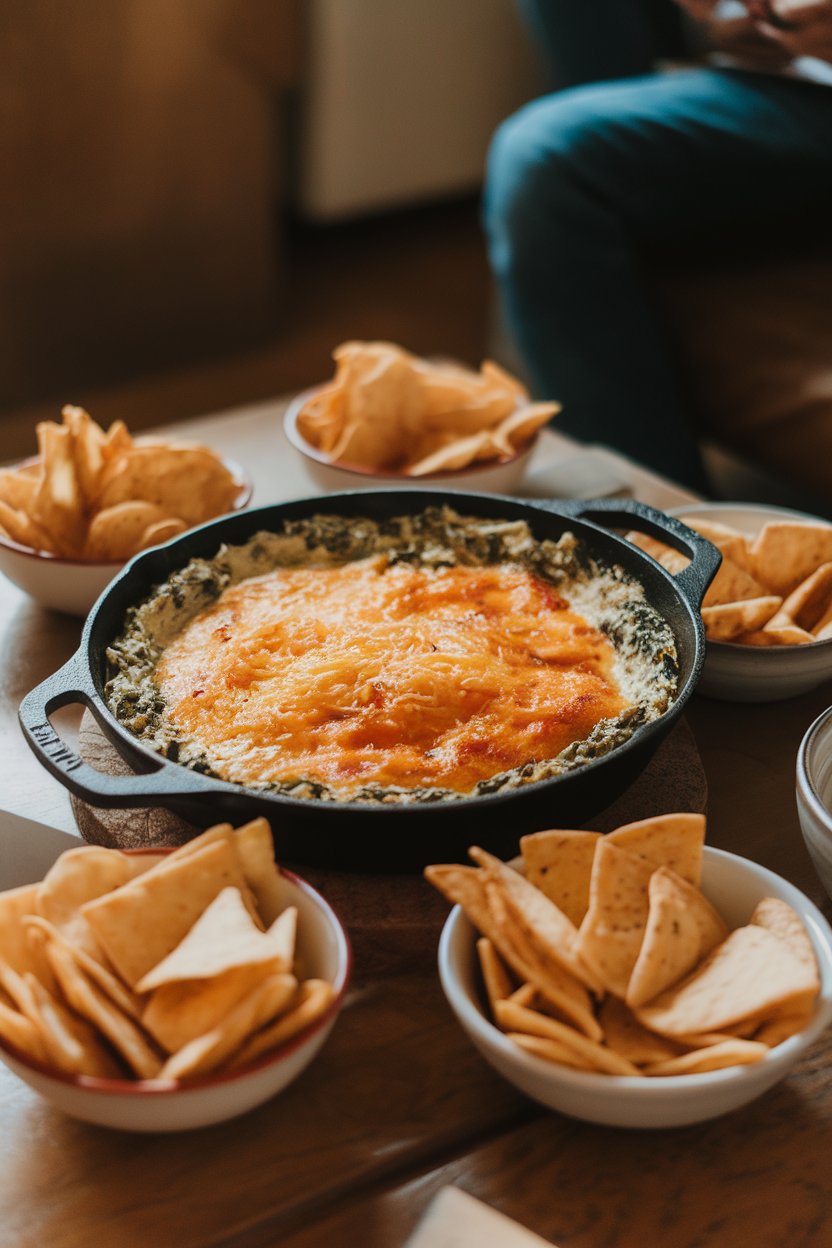 A warmly lit indoor coffee table with a cast-iron skillet of creamy spinach-artichoke dip, golden cheese on top, surrounded by small bowls of pita chips. No text or logos.