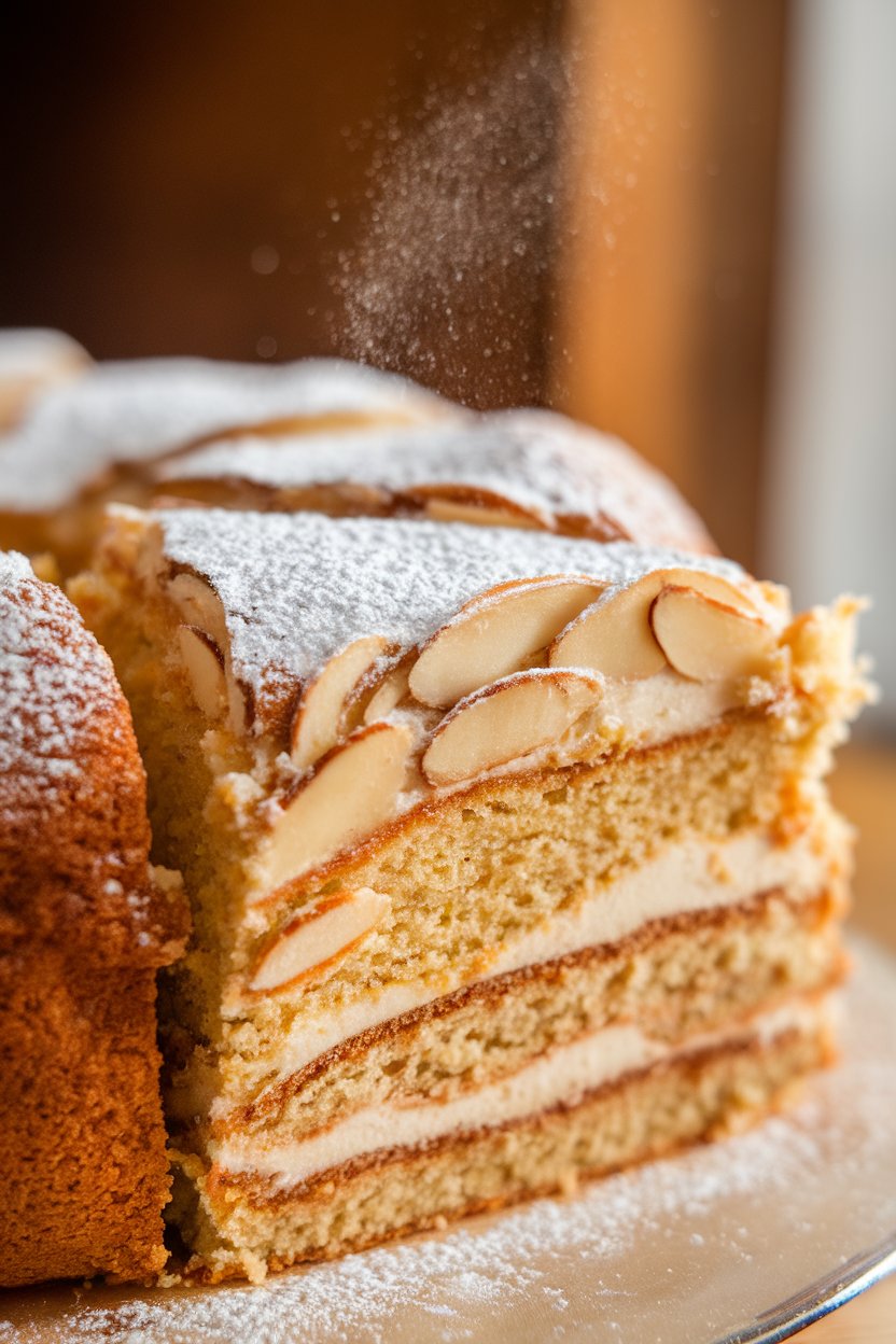 Photo indoors of a cake slice revealing almond frangipane layer; powdered sugar dusting; no text or logos.