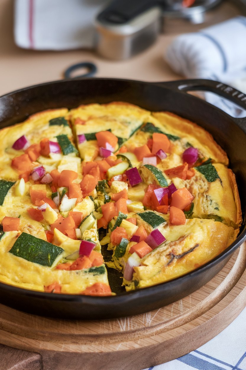 A cast-iron skillet indoors holding a golden frittata filled with colorful diced vegetables, sliced into wedges. No text or logos.