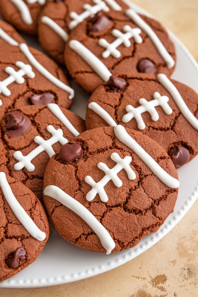 A close indoor shot of football-shaped chocolate chip cookies arranged on a white platter, decorative white icing “laces” visible. No text or logos; photo, not illustration.