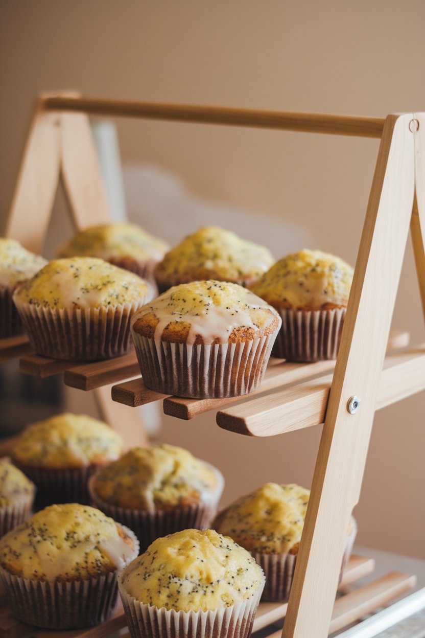 Indoor bakery rack with lemon poppy seed muffins topped with light glaze, no brand names visible.