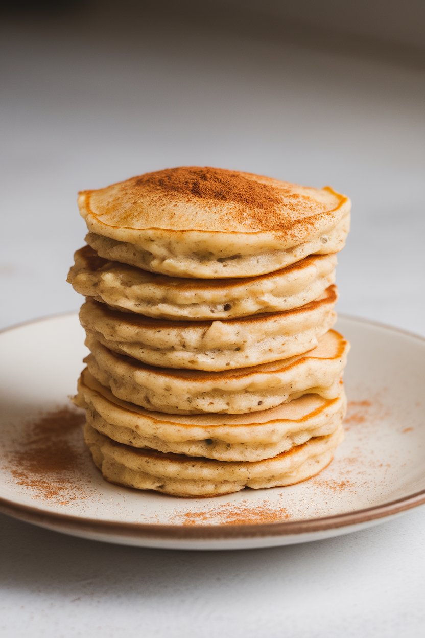 Indoor griddle shot of mini pancake rounds made with oat flour and cottage cheese, stacked on a plate; no logos.