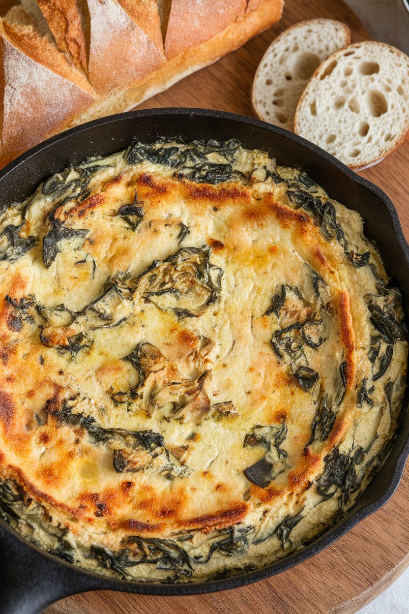 Indoor photo of a small skillet filled with bubbly spinach artichoke dip, lightly browned on top, with sliced baguette nearby. No logos or text.