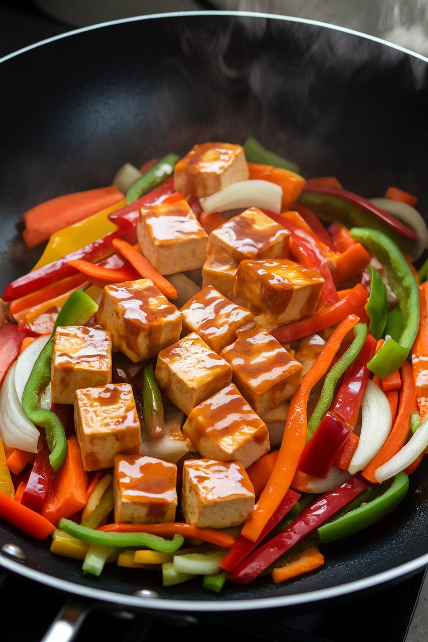 An indoor wok filled with colorful vegetables and tofu cubes glazed in teriyaki, steam rising. No text or logos visible.