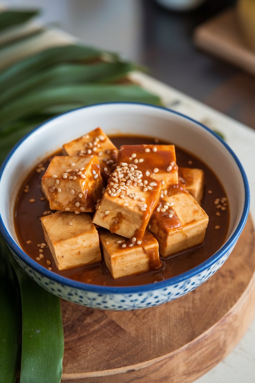 Photo prompt: Indoor bowl featuring tofu cubes in glossy tamarind-date sauce, sesame seeds sprinkled. No text or logos.