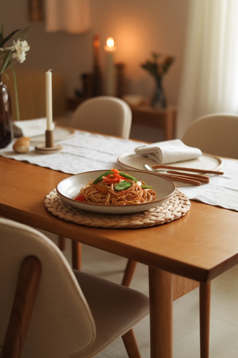 An indoor dining room table set with a shallow plate of whole-wheat spaghetti tossed in light olive-oil sauce with snap peas, cherry tomatoes, and bell pepper strips. Warm lighting, no text or logos.