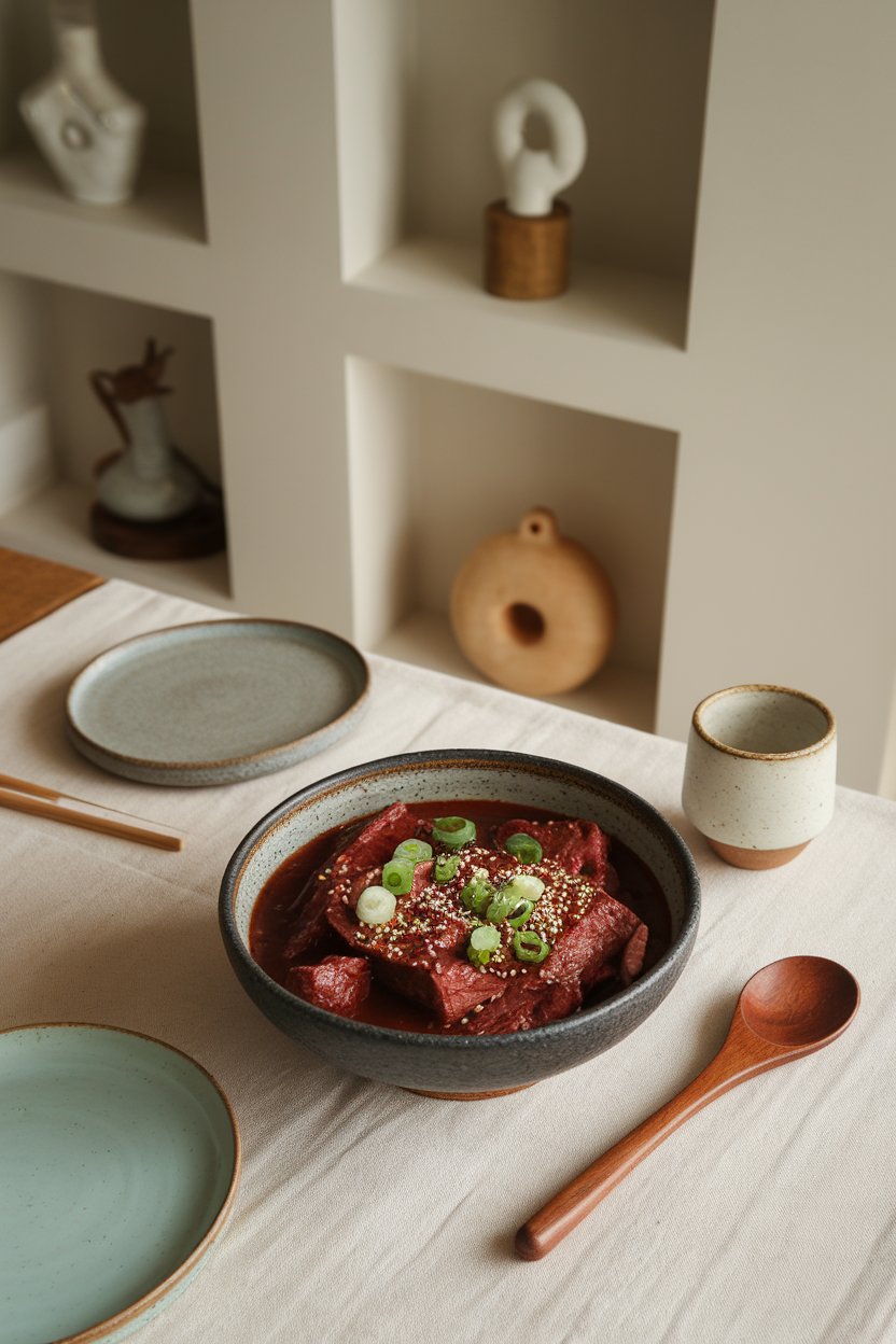 Indoor modern table with a bowl of deep-red beef stew garnished with sesame seeds and scallions. No text or logos. Photo.