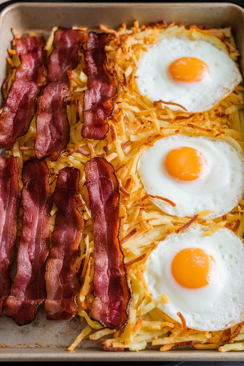 Indoor photo of a sheet pan divided into crispy bacon strips, shredded hash browns, and softly baked eggs, yolks still runny. No text or logos present.